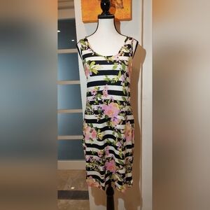 Discreet Black and White Striped Floral Dress
